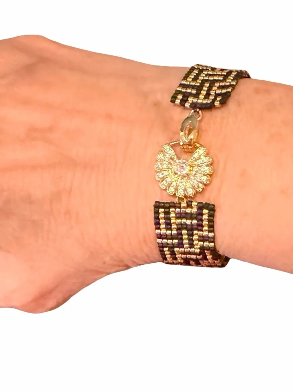 Black Gold Art Deco Beaded Bracelet | Geometric Loom Cuff | CZ Clasp